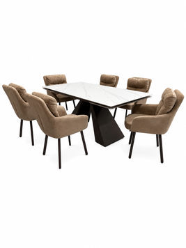 Set Masa extensibila Monza 90x180/220/260 bronze blat piatra sinterizata calacatta + 6 scaune Kandar bronze riviera 24 1516 фото
