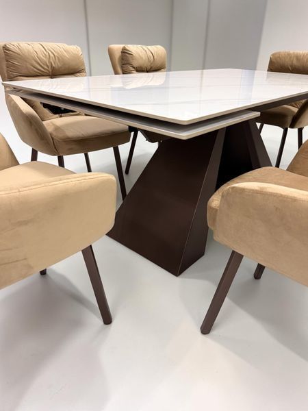 Set Masa extensibila Monza 90x180/220/260 bronze blat piatra sinterizata calacatta + 6 scaune Kandar bronze riviera 24 1516 фото