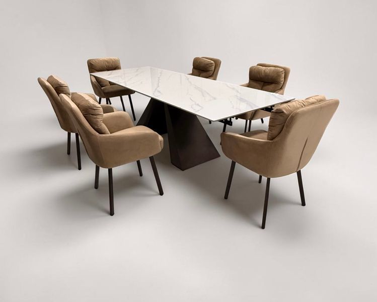 Set Masa extensibila Monza 90x180/220/260 bronze blat piatra sinterizata calacatta + 6 scaune Kandar bronze riviera 24 1516 фото