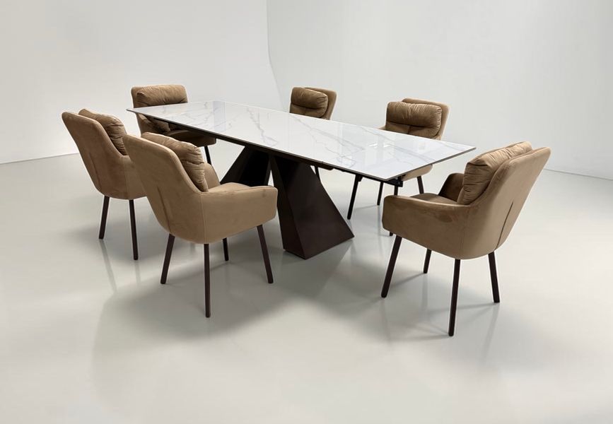 Set Masa extensibila Monza 90x180/220/260 bronze blat piatra sinterizata calacatta + 6 scaune Kandar bronze riviera 24 1516 фото