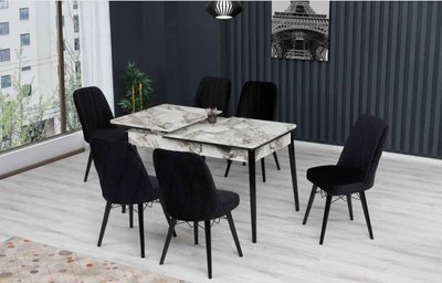 Комплект стол раздвижной MDF2 Marmura + 6 стульев Gold велюровых черных 0023 фото