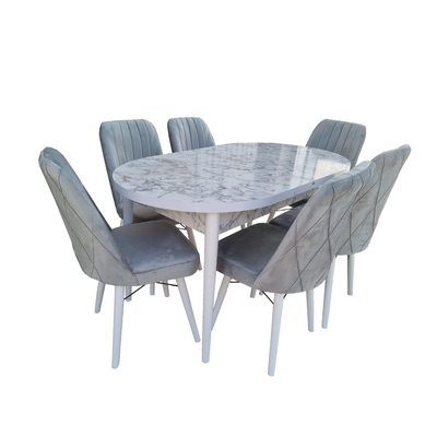 Комплект MDF Oval Marmura с белыми ножками (стол Karegold Carara + 6 стульев велюровых серых) 0024 фото